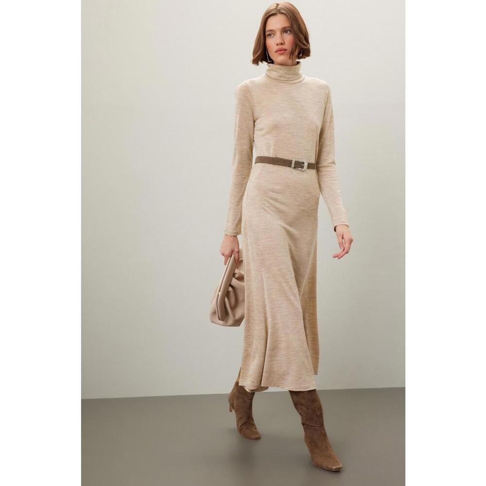 Lauren Ralph Lauren Beige Turtleneck Long Sleeve Midi Dress